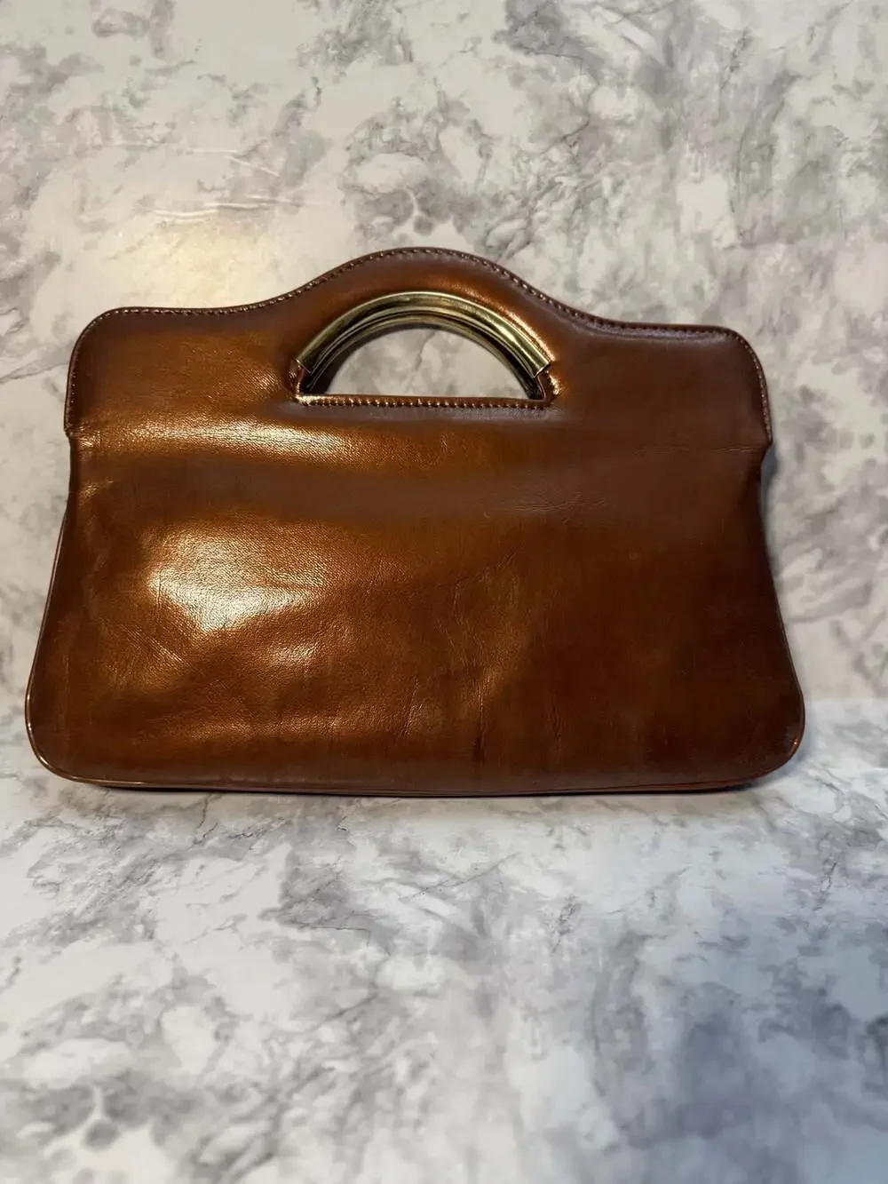 Vintage Brown Suede and Leather Clutch with Gold Metallic Top‎ Handle